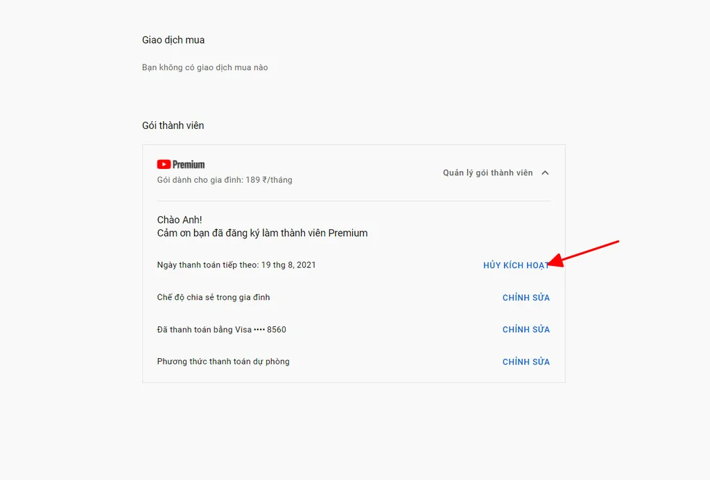 Hủy kích hoạt Youtube Premium